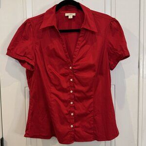 Loft Red Short-Sleeve Button Down Shirt EUC